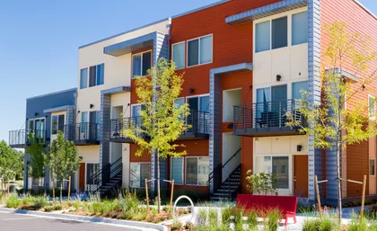 Modern arapartment complex painted in bright colors.